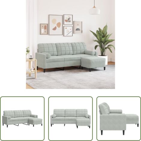 vidaXL Sofá de terciopelo -  Sofá de 3 plazas con taburete de terciopelo gris claro 180 cm