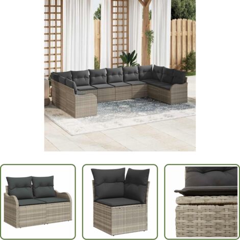 vidaXL Sofá exterior -  Conjunto de sofá de jardín 10 pcs Gris claro Poliratán