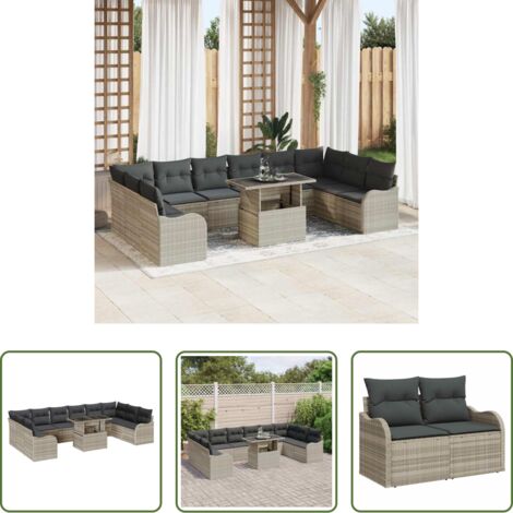 vidaXL Sofá exterior -  Conjunto de sofá de jardín 11 pcs Gris claro Poliratán