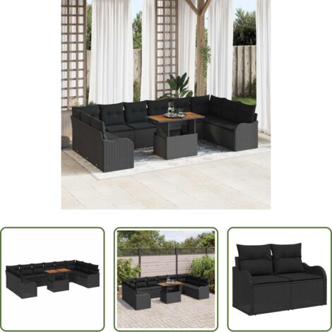 vidaXL Sofá exterior -  Conjunto de sofá de jardín 11 pcs Negro Poliratán