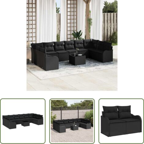 vidaXL Sofá exterior -  Conjunto de sofá de jardín 11 pcs Negro ratán sintético
