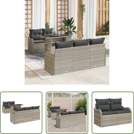 vidaXL Sofá exterior -  Conjunto de sofá de jardín 6 pcs Gris Claro Rattan de Poliéster