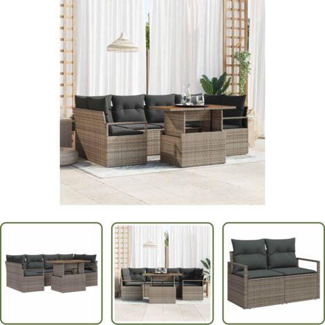 vidaXL Sofá exterior -  Conjunto de sofá de jardín 7 pcs Gris Poliratán