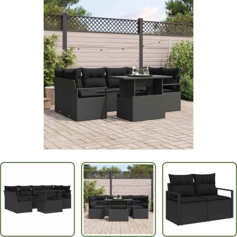 vidaXL Sofá exterior -  Conjunto de sofá de jardín 7 pcs Negro Poliratán