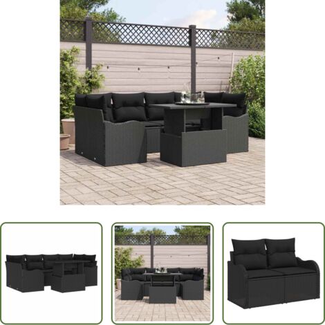 vidaXL Sofá exterior -  Conjunto de sofá de jardín 7 pcs Negro Rattan de Poliéster