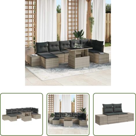 vidaXL Sofá exterior -  Conjunto de sofá de jardín 8 pcs Gris Claro Poliratán