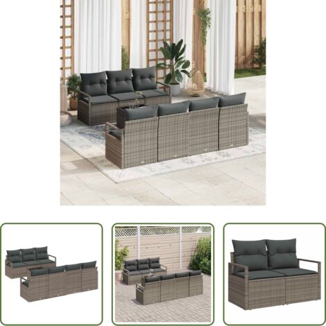 vidaXL Sofá exterior -  Conjunto de sofá de jardín 8 pcs Gris Poliratán, Acero y Vidrio