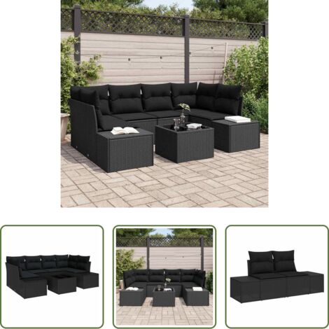 vidaXL Sofá exterior -  Conjunto de sofá de jardín 8 pcs Negro ratán sintético