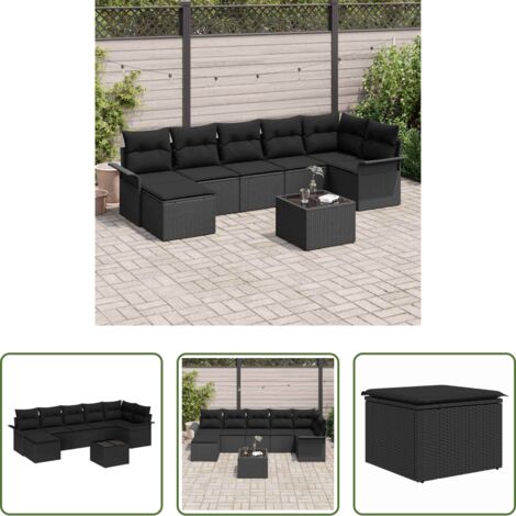 vidaXL Sofá exterior -  Conjunto de sofá de jardín 8 pcs Negro ratán sintético