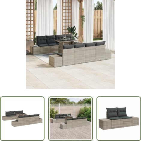 vidaXL Sofá exterior -  Conjunto de sofá de jardín 9 pcs Gris Claro ratán sintético