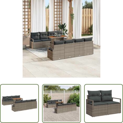 vidaXL Sofá exterior -  Conjunto de sofá de jardín 9 pcs Gris Poliratán