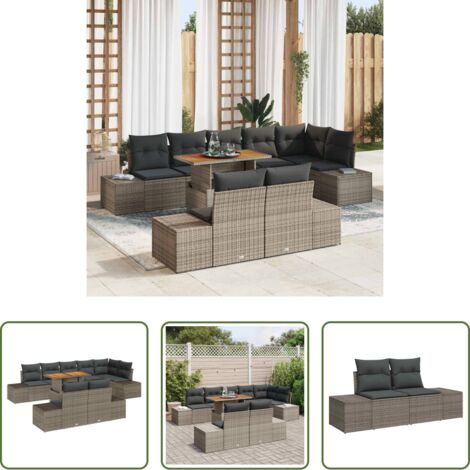 vidaXL Sofá exterior -  Conjunto de sofá de jardín 9 pcs Gris Poliratán