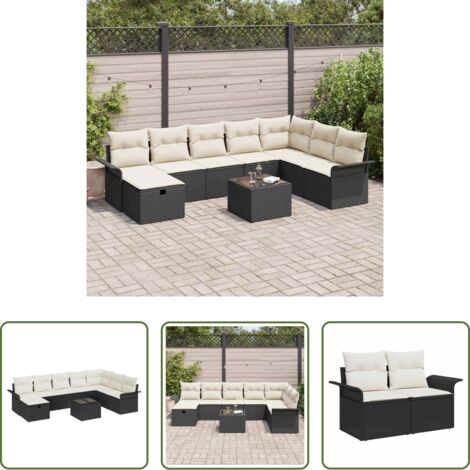 vidaXL Sofá exterior -  Conjunto de sofá de jardín 9 pcs Negro y crema ratán sintético