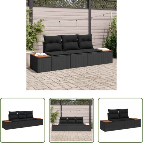 vidaXL Sofá exterior -  Conjunto de sofá de jardín con cojín 3 pcs Negro Poliratán