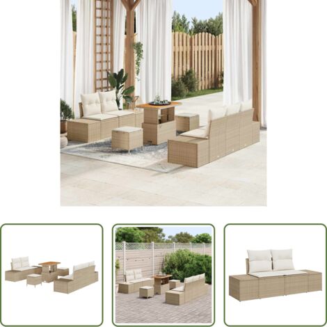 vidaXL Sofá exterior -  Conjunto de sofás de jardín con cojín 8 pcs Beige Poliratán