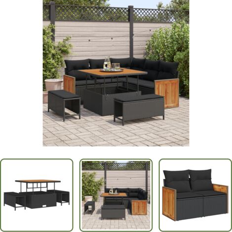 vidaXL Sofá exterior -  Conjunto de sofás de jardín con cojín 8 pcs Negro