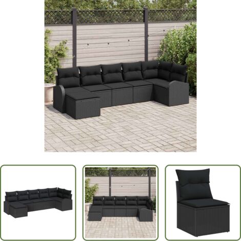vidaXL Sofá exterior -  Juego de Sofá con cojín 7 pcs Negro ratán sintético