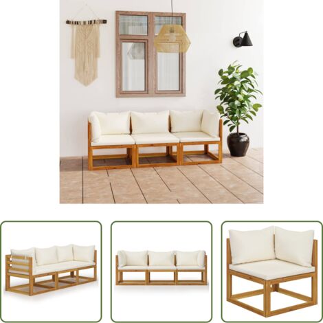 vidaXL Sofá exterior -  Sofá jardín 3 plazas con cojín madera maciza acacia color crema