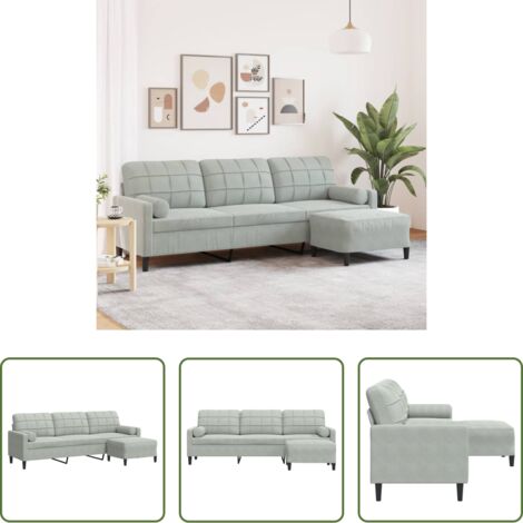 vidaXL Sofá gris claro -  Sofá de 3 plazas con taburete de terciopelo gris claro 210 cm