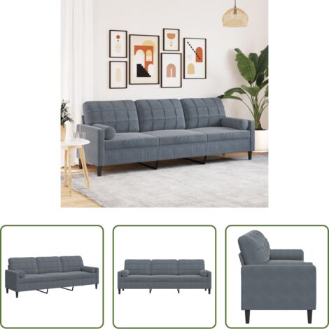 vidaXL Sofá gris oscuro -  Sofá de 3 plazas con cojines terciopelo gris oscuro 210 cm