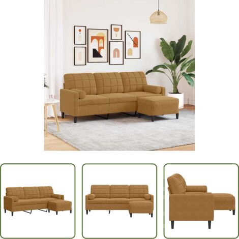 vidaXL Sofá marrón -  Sofá de 3 plazas con taburete de terciopelo marrón 180 cm