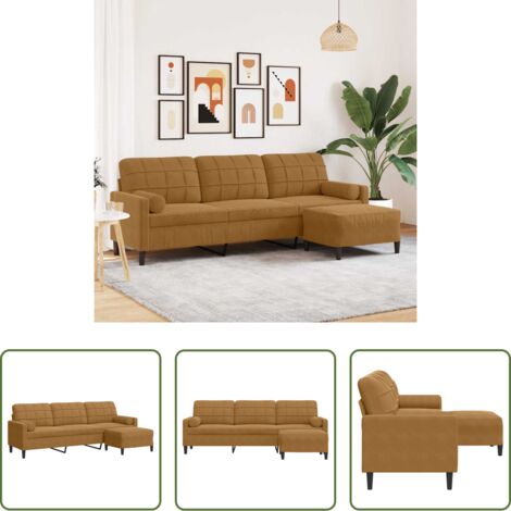 vidaXL Sofá marrón -  Sofá de 3 plazas con taburete de terciopelo marrón 210 cm