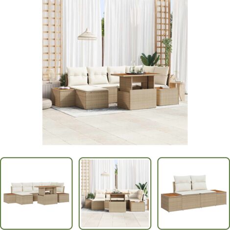vidaXL Sofá modular -  Conjunto de sofá de jardín 7 pcs Beige Poliratán