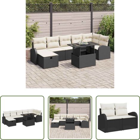 vidaXL Sofá modular -  Conjunto de sofá de jardín con cojín 8 pcs Negro Poliratán