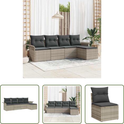 vidaXL Sofá modular -  Sofá de exterior con cojín 5 pcs Gris Claro ratán sintético