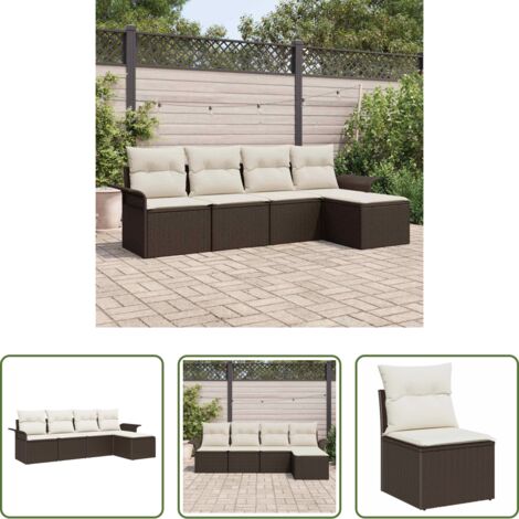 vidaXL Sofá modular -  Sofá de exterior con cojín 5 pcs Marrón ratán sintético