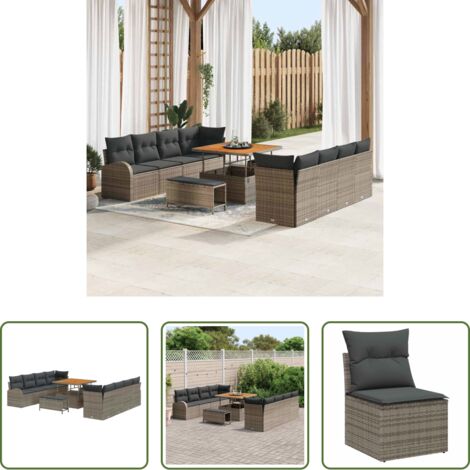 vidaXL Sofás de exterior -  Conjunto de sofás de jardín 11 pcs Gris ratán sintético