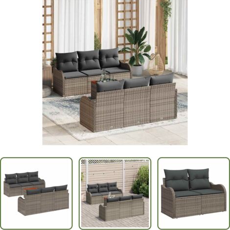 vidaXL Sofás de exterior -  Conjunto de sofás de jardín 7 pcs Gris ratán sintético
