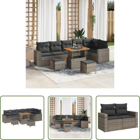 vidaXL Sofás de exterior -  Conjunto de sofás de jardín 9 pcs Gris ratán sintético