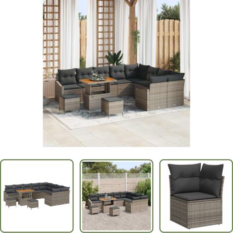 vidaXL Sofás de exterior -  Conjunto de sofás de jardín con cojín 12 pcs Gris Poliratán