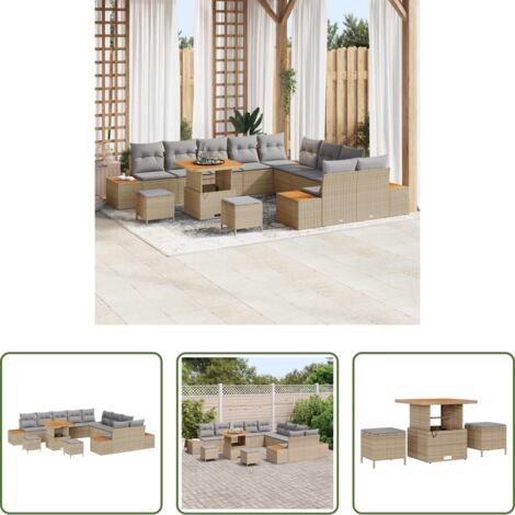 vidaXL Sofás de exterior -  Conjunto de sofás de jardín con cojín 13 pcs Beige Poliratán