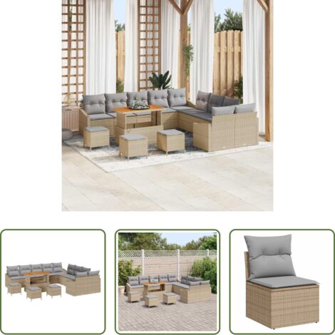 vidaXL Sofás de exterior -  Conjunto de sofás de jardín con cojín 13 pcs Beige Poliratán