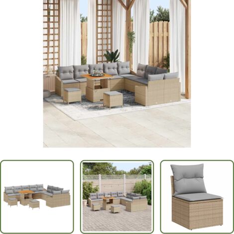 vidaXL Sofás de exterior -  Conjunto de sofás de jardín con cojín 13 pcs Beige Poliratán