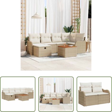vidaXL Sofás de exterior -  Conjunto de sofás de jardín con cojín 7 pcs Beige Poliratán