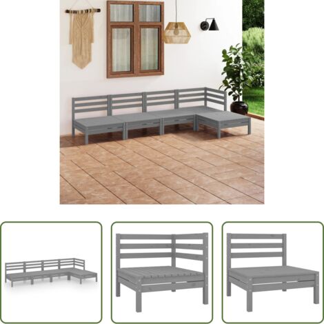 vidaXL Sofás de exterior -  Juego de muebles de jardín 5 piezas madera maciza de pino gris