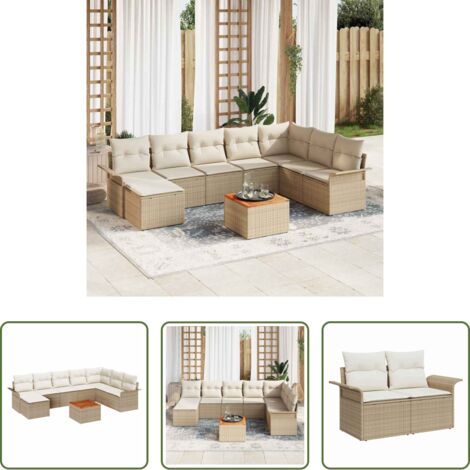 vidaXL Sofás de jardín beige -  Conjunto de sofás de jardín 9 pcs Beige ratán sintético