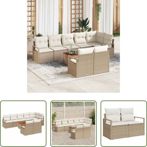 vidaXL Sofás de jardín beige -  Conjunto de sofás de jardín 9 pcs Beige ratán sintético