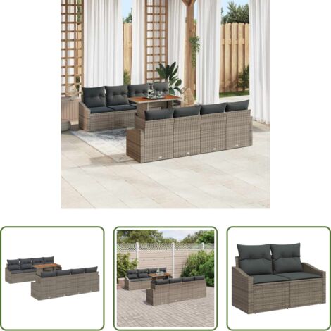 vidaXL Sofás de jardín -  Conjunto de Comedor de Jardín con cojín 9 pcs Gris y marrón