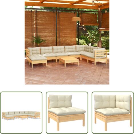 vidaXL Sofás de jardín -  Muebles de jardín 9 pzas y cojines madera maciza de pino crema