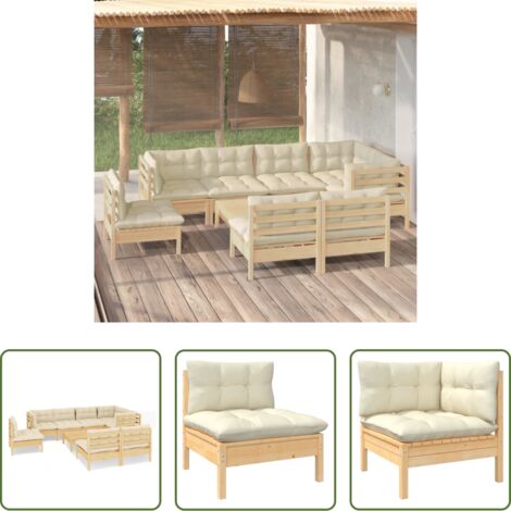 vidaXL Sofás de jardín -  Muebles de jardín 9 pzas y cojines madera maciza de pino crema
