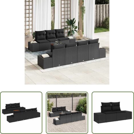vidaXL Sofás de jardín negro -  Conjunto de sofás de jardín 8 pcs Negro ratán sintético