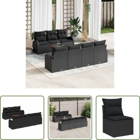 vidaXL Sofás de jardín negro -  Conjunto de sofás de jardín 8 pcs Negro ratán sintético