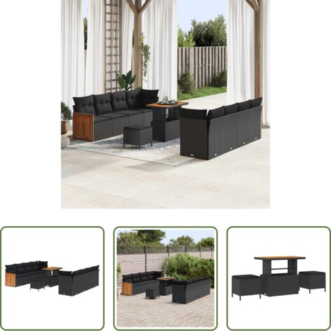 vidaXL Sofás de jardín negro -  Conjunto de sofás de jardín con cojín 11 pcs Negro