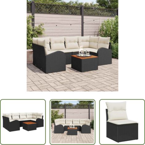 vidaXL Sofás de jardín negro y blanco -  Conjunto de sofás de jardín 7 pcs Negro y crema ratán sintético