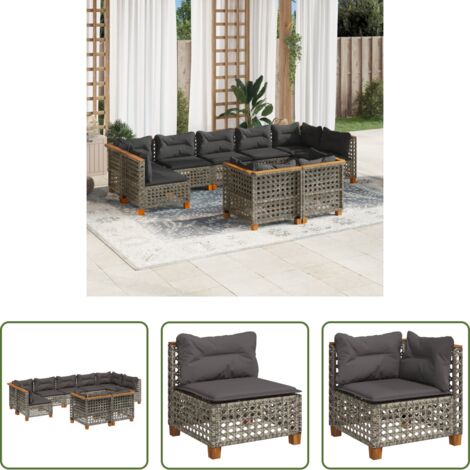 vidaXL Sofás de jardín -  Set de muebles de jardín 9 pzas y cojines ratán sintético gris