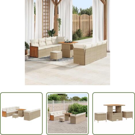 vidaXL Sofás de terraza -  Conjunto de sofás de jardín con cojín 11 pcs Beige y Crema